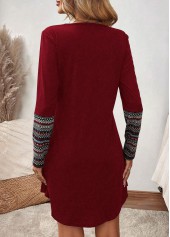 Wine Red Tummy Coverage Geometric Print Long Sleeve Dress | thumb picture 