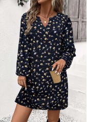 Navy Tummy Coverage Ditsy Floral Print Long Sleeve Dress