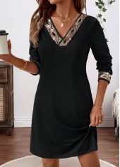 Black Tummy Coverage Long Sleeve V Neck Dress
