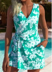 Tummy Coverage Floral Print Cyan One Piece Swimwear