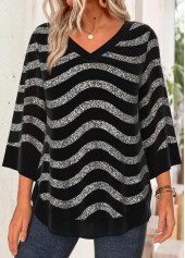 Black Tummy Coverage Striped Long Sleeve V Neck Blouse
