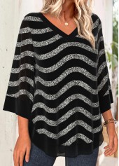Black Tummy Coverage Striped Long Sleeve V Neck Blouse | thumb picture 