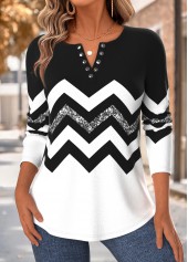Black Tummy Coverage Geometric Print 3/4 Sleeve T Shirt