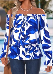 Royal Blue Frill Leaf Print 3/4 Sleeve Blouse
