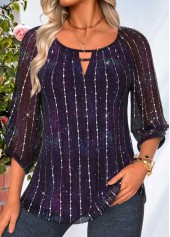 Dark Purple Tummy Coverage 3/4 Sleeve Scoop Neck Blouse