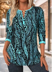 Cyan Tuck Stitch Leopard Long Sleeve Split Neck Blouse