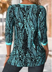 Cyan Tuck Stitch Leopard Long Sleeve Split Neck Blouse | thumb picture 