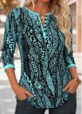 Cyan Tuck Stitch Leopard Long Sleeve Split Neck Blouse | thumb picture 