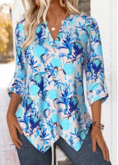 Blue Handkerchief Hem Floral Print 3/4 Sleeve Blouse