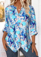 Blue Handkerchief Hem Floral Print 3/4 Sleeve Blouse | thumb picture 