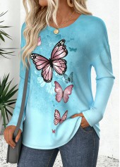 Light Blue Curved Hem Butterfly Print T Shirt | thumb picture 