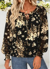 Black Smocked Floral Print Long Sleeve Round Neck Blouse