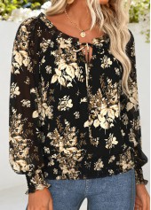 Black Smocked Floral Print Long Sleeve Round Neck Blouse | thumb picture 
