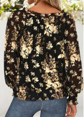 Black Smocked Floral Print Long Sleeve Round Neck Blouse | thumb picture 