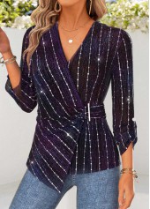 Purple Peplum Long Sleeve V Neck Blouse