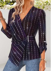 Purple Peplum Long Sleeve V Neck Blouse | thumb picture 