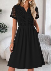 Black Tummy Coverage Short Sleeve Split Neck Dress