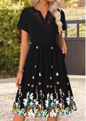 Black Tummy Coverage Floral Print Short Sleeve Dress