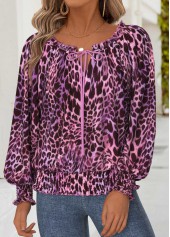Purple Tummy Coverage Leopard Long Sleeve Split Neck Blouse