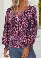 Purple Tummy Coverage Leopard Long Sleeve Split Neck Blouse | thumb picture 
