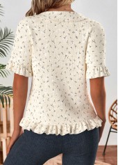 Beige Ruffle Floral Print Short Sleeve V Neck Blouse | thumb picture 