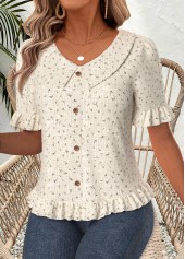 Beige Ruffle Floral Print Short Sleeve V Neck Blouse