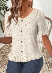 Beige Ruffle Floral Print Short Sleeve V Neck Blouse | thumb picture 