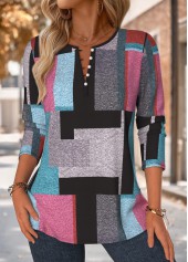 Multi Color Button Geometric Print Long Sleeve Blouse | thumb picture 
