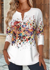 Multi Color Button Ombre Long Sleeve Split Neck Blouse