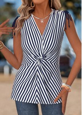 Navy Twist Striped Sleeveless V Neck Tank Top