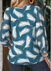 Peacock Blue Tummy Coverage Feathers Print Long Sleeve Blouse | thumb picture 