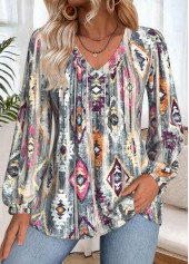 Multi Color Tummy Coverage Tribal Print Long Sleeve Blouse