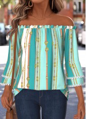 Mint Green Tummy Coverage Geometric Print 3/4 Sleeve Blouse