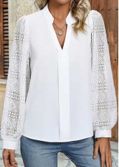 White Patchwork Long Sleeve Split Neck Blouse