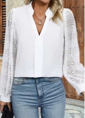 White Patchwork Long Sleeve Split Neck Blouse | thumb picture 