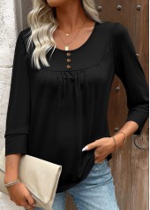 Black Tummy Coverage 3/4 Sleeve Round Neck T Shirt