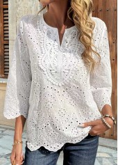 White Scalloped Hem 3/4 Sleeve Split Neck Blouse