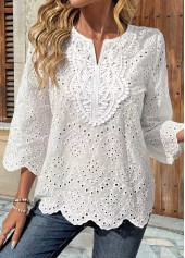 White Scalloped Hem 3/4 Sleeve Split Neck Blouse | thumb picture 
