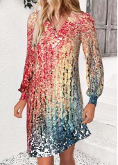 Multi Color Button Ombre A Line Long Sleeve Dress