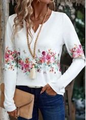 White Button Floral Print Long Sleeve T Shirt | thumb picture 