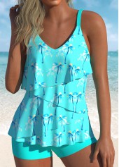 Tummy Coverage Mid Waisted Tropical Plants Print Tankini Set
