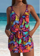 Tummy Coverage Tropical Plants Print One Piece Swimdress