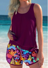 Tummy Coverage Mid Waisted Tropical Plants Print Tankini Set