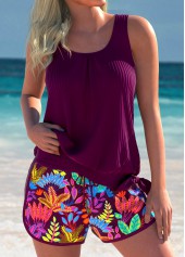 Tummy Coverage Mid Waisted Tropical Plants Print Tankini Set | thumb picture 