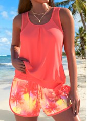 Tummy Coverage Mid Waisted Tropical Plants Print Tankini Set