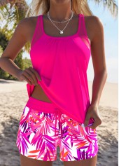 Tummy Coverage Mid Waisted Tropical Plants Print Tankini Set