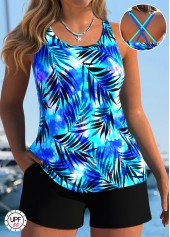 Tummy Coverage Mid Waisted Leaf Print Black Tankini Set