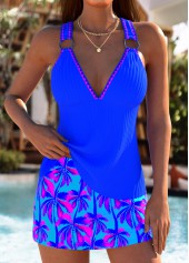 Lace Up Royal Blue Tropical Plants Print Tankini Set