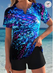 Tummy Coverage Mid Waisted Graffiti Print Blue Tankini Set