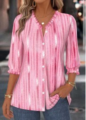 Pink Tummy Coverage Ombre 3/4 Sleeve V Neck Blouse